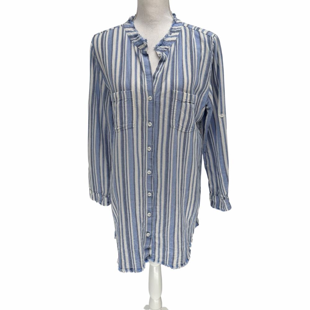 Cloth & Stone White Blue Linen Blend Button Front Shirt Dress Large